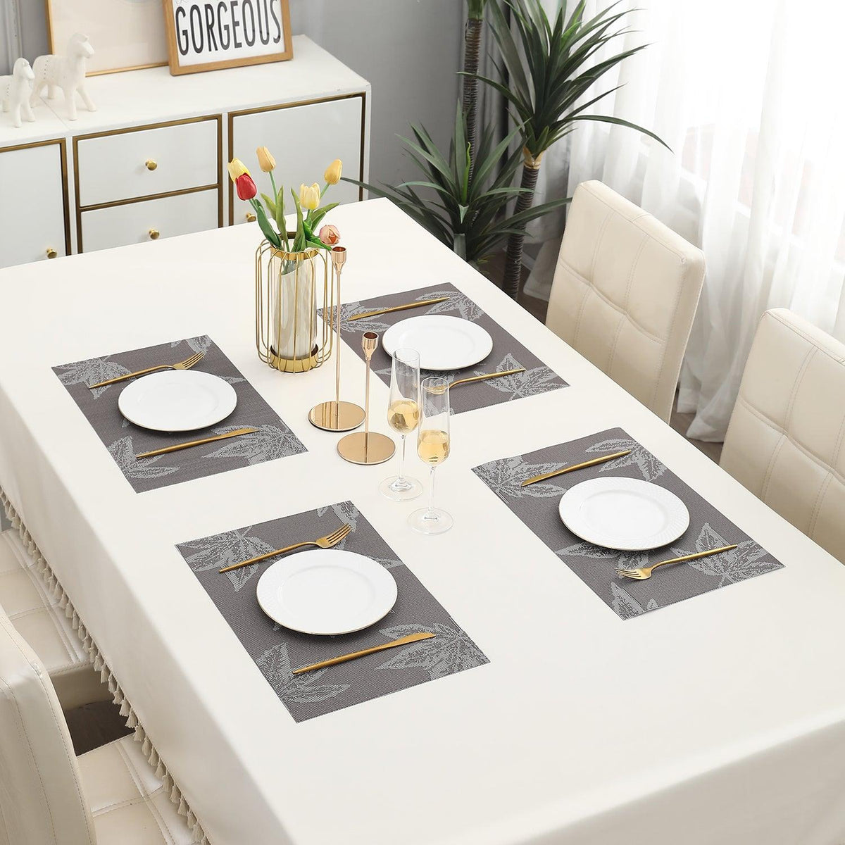 PVC Dining Table Mats, Grey Maple Leaf - HOKIPO | Har Ghar ka Humsafar