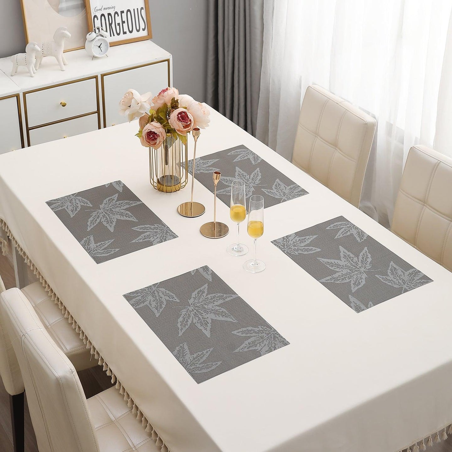 PVC Dining Table Mats, Grey Maple Leaf - HOKIPO | Har Ghar ka Humsafar