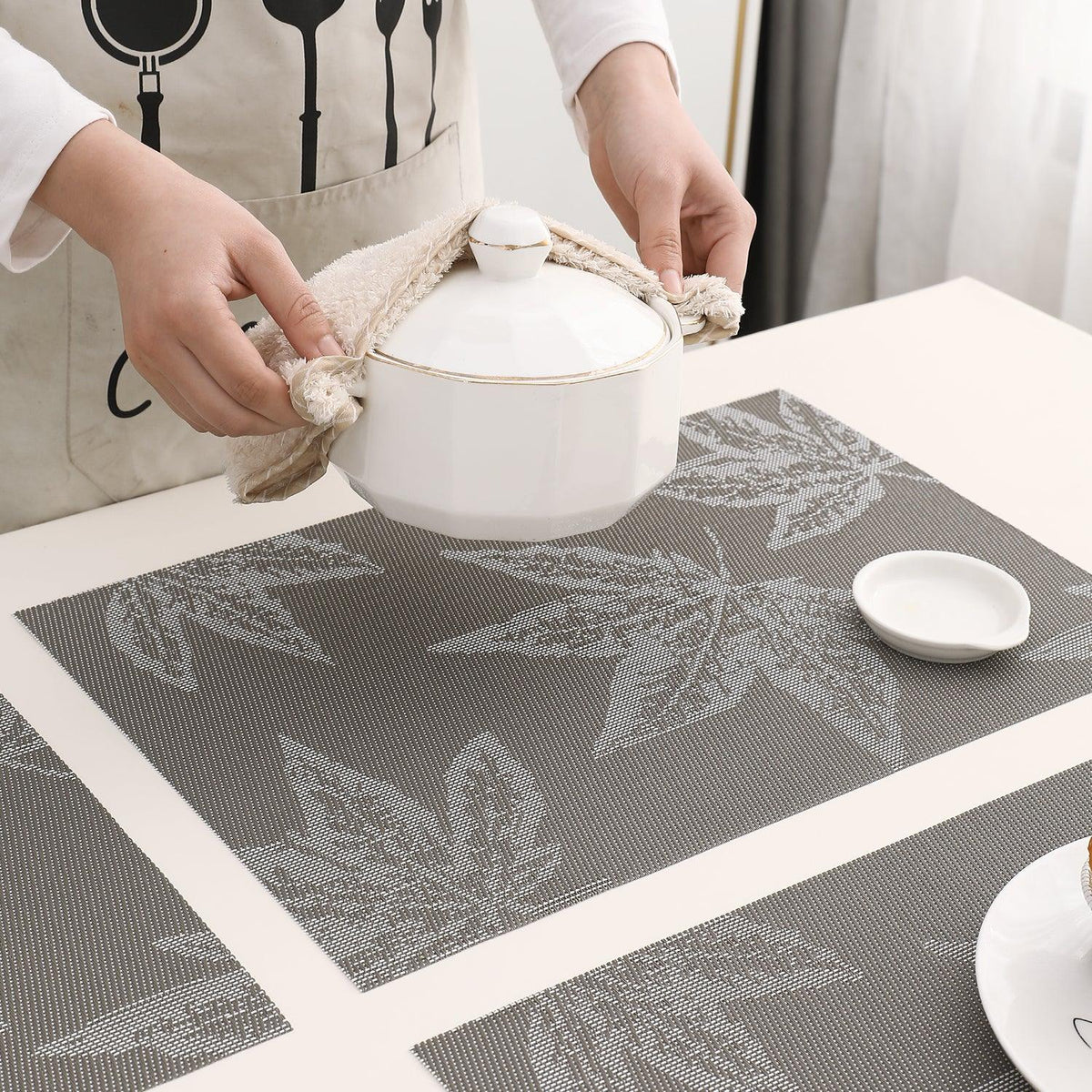 PVC Dining Table Mats, Grey Maple Leaf - HOKIPO | Har Ghar ka Humsafar