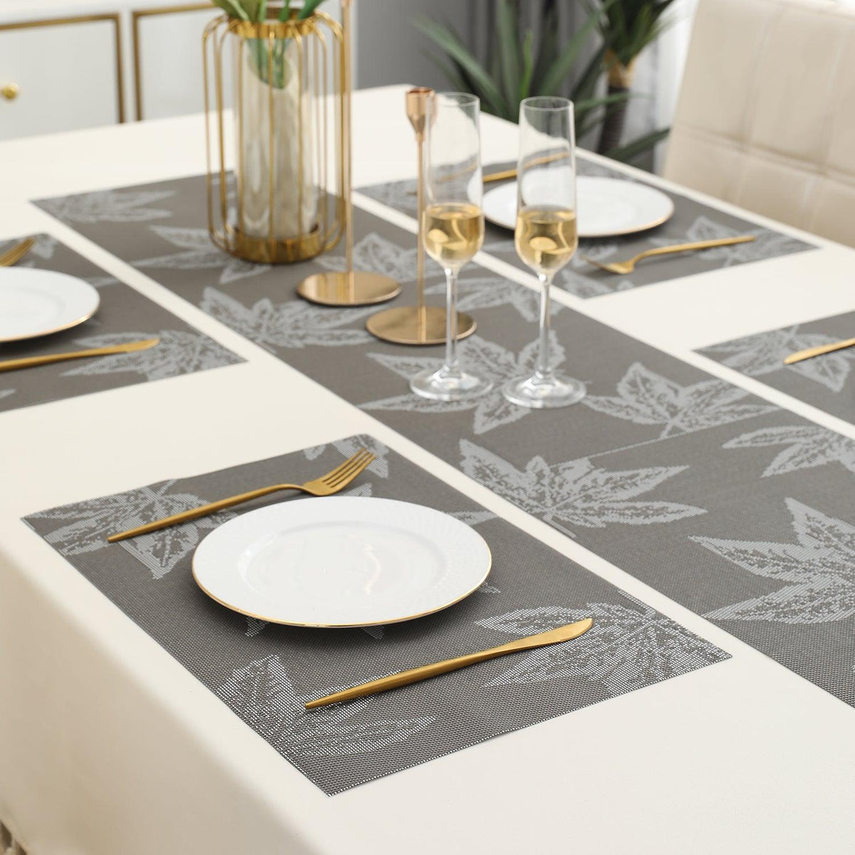 PVC Dining Table Mats, Grey Maple Leaf - HOKIPO | Har Ghar ka Humsafar