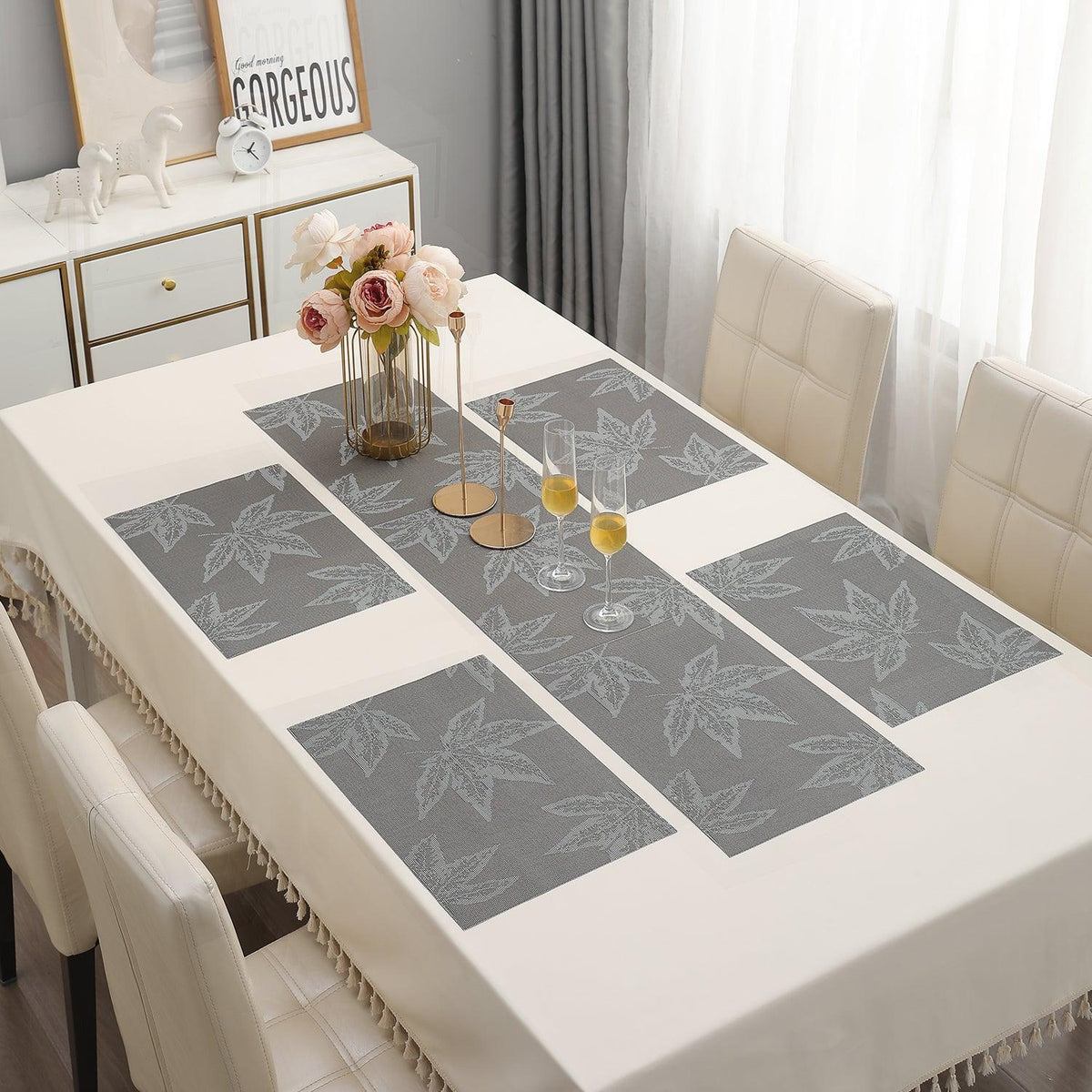 PVC Dining Table Mats, Grey Maple Leaf - HOKIPO | Har Ghar ka Humsafar