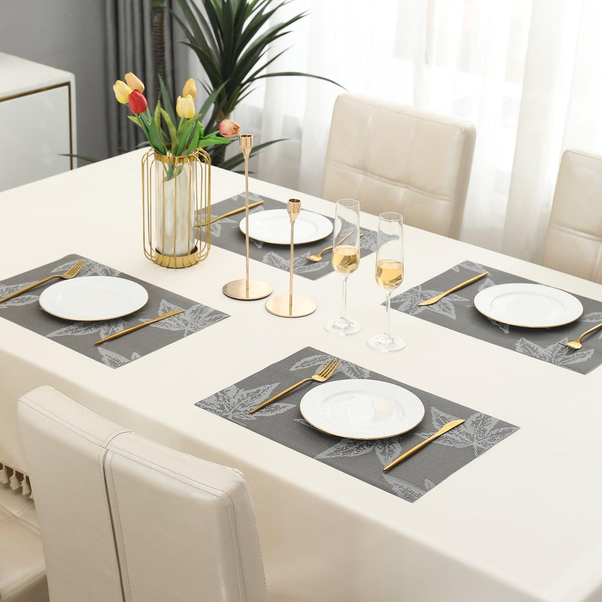 PVC Dining Table Mats, Grey Maple Leaf - HOKIPO | Har Ghar ka Humsafar