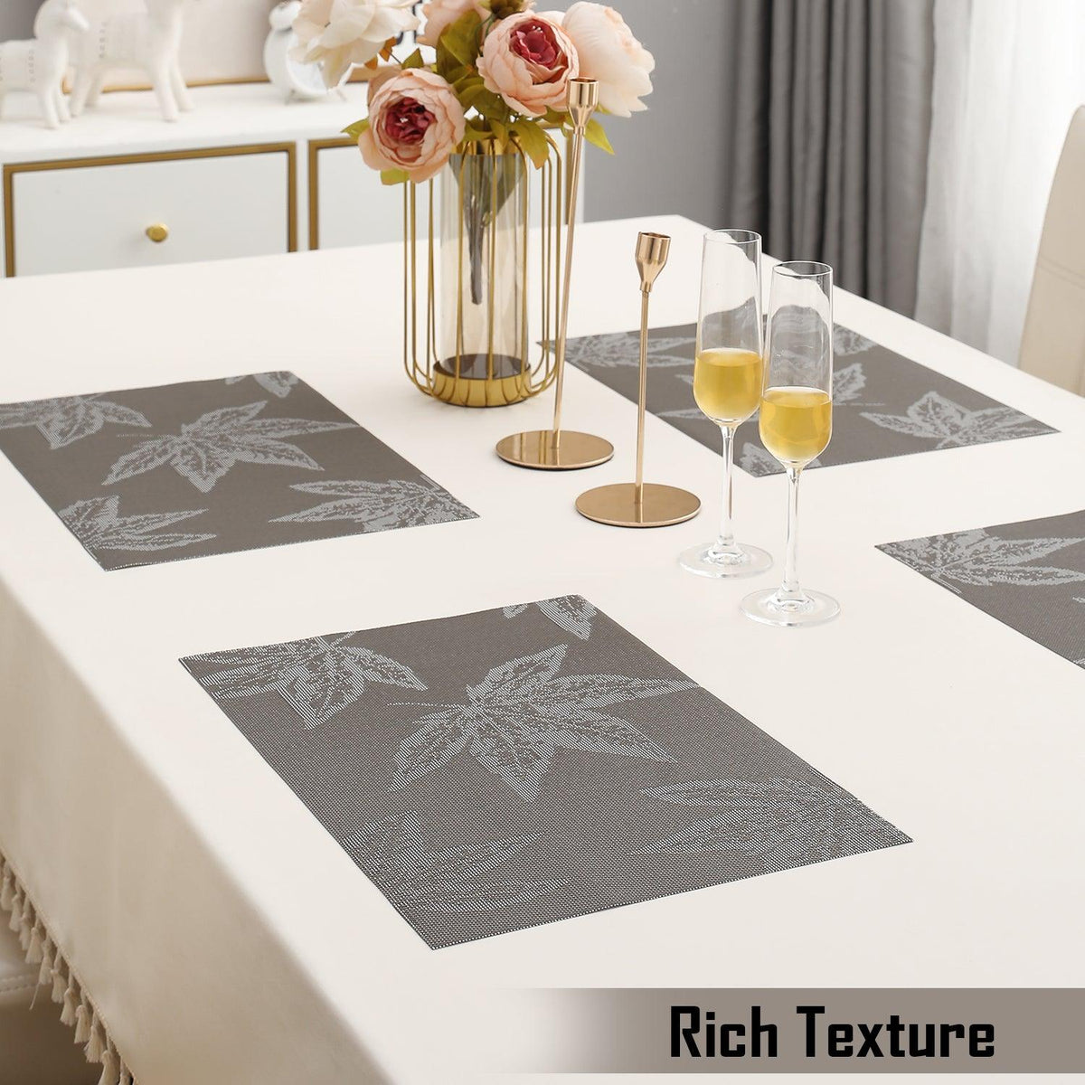 PVC Dining Table Mats, Grey Maple Leaf - HOKIPO | Har Ghar ka Humsafar