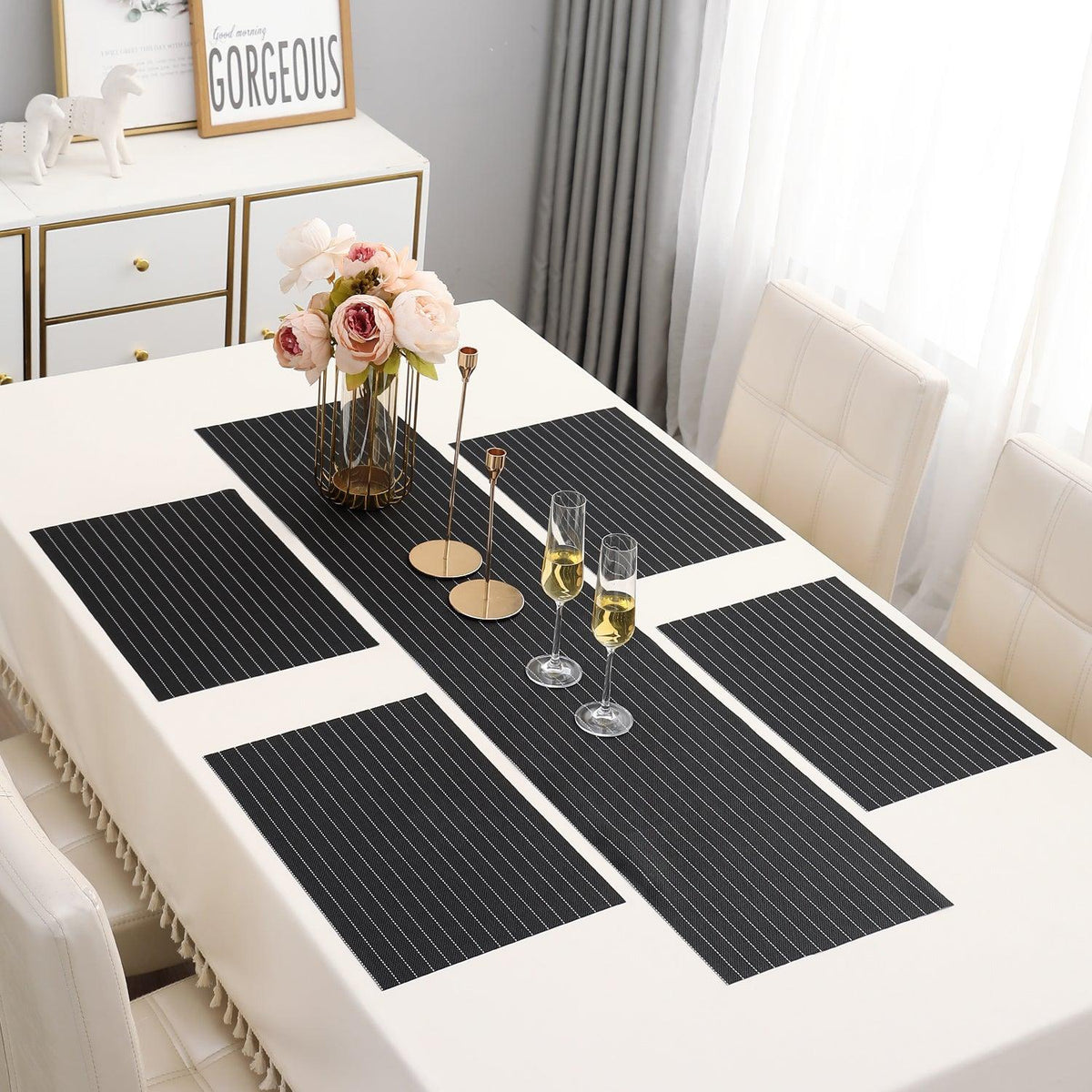 PVC Dining Table Mats, Striped Black - HOKIPO | Har Ghar ka Humsafar