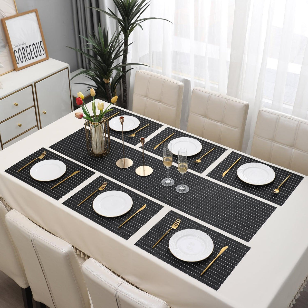 PVC Dining Table Mats, Striped Black - HOKIPO | Har Ghar ka Humsafar