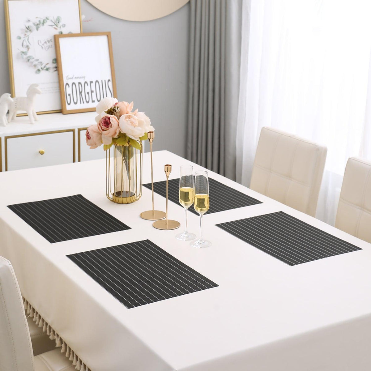 PVC Dining Table Mats, Striped Black - HOKIPO | Har Ghar ka Humsafar