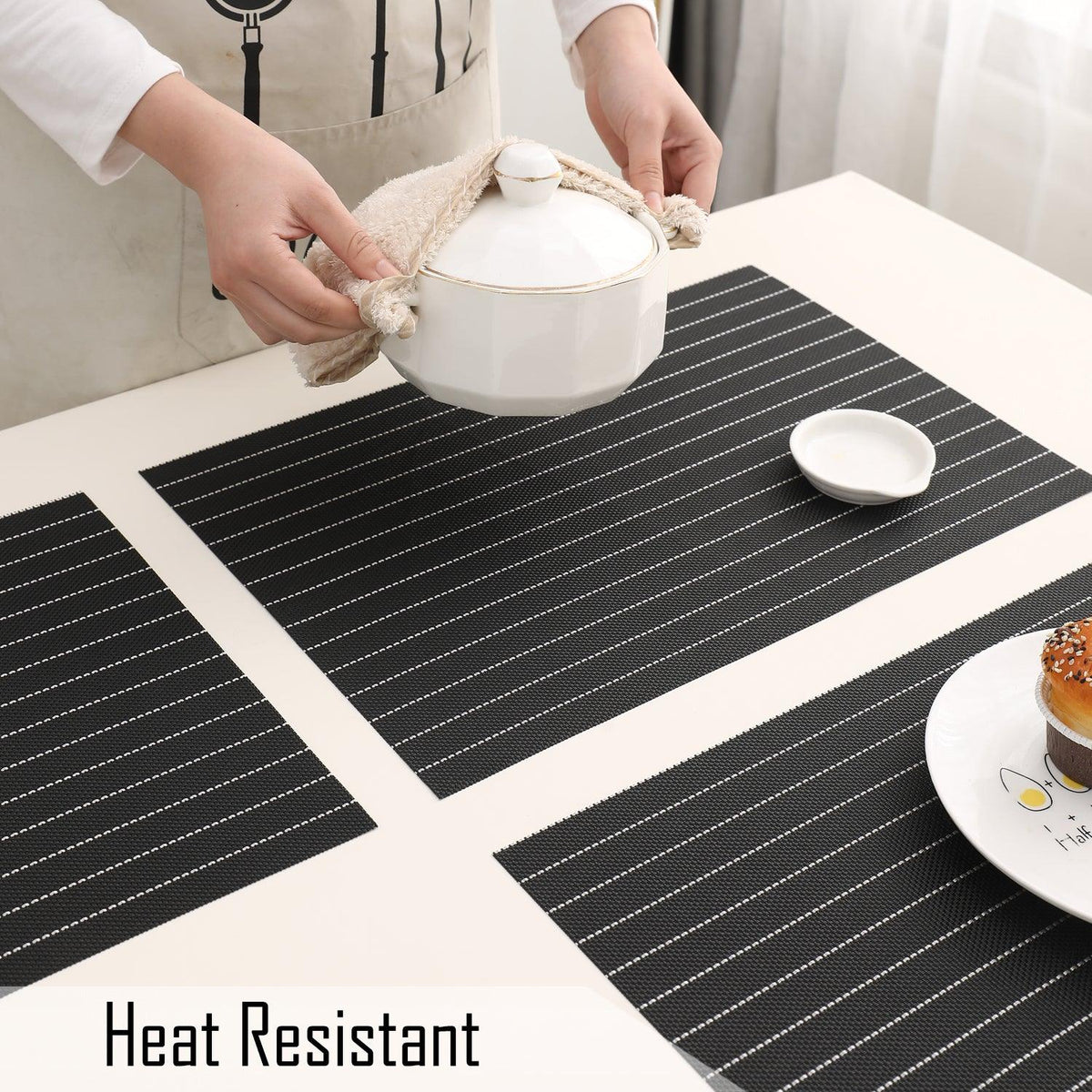 PVC Dining Table Mats, Striped Black - HOKIPO | Har Ghar ka Humsafar