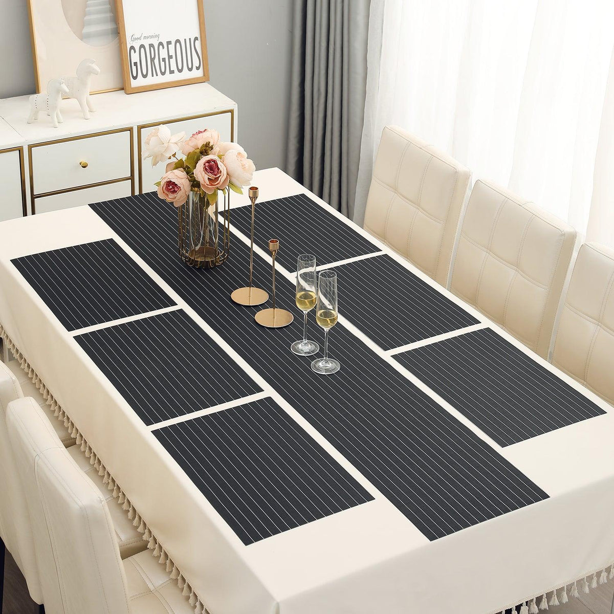 PVC Dining Table Mats, Striped Black - HOKIPO | Har Ghar ka Humsafar