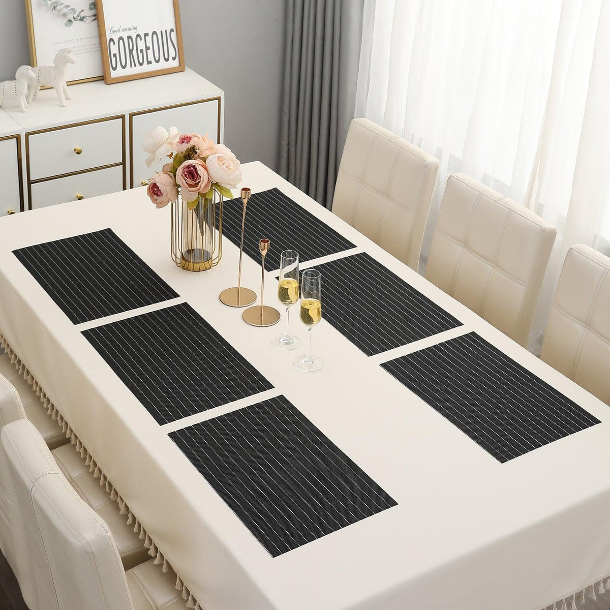PVC Dining Table Mats, Striped Black - HOKIPO | Har Ghar ka Humsafar