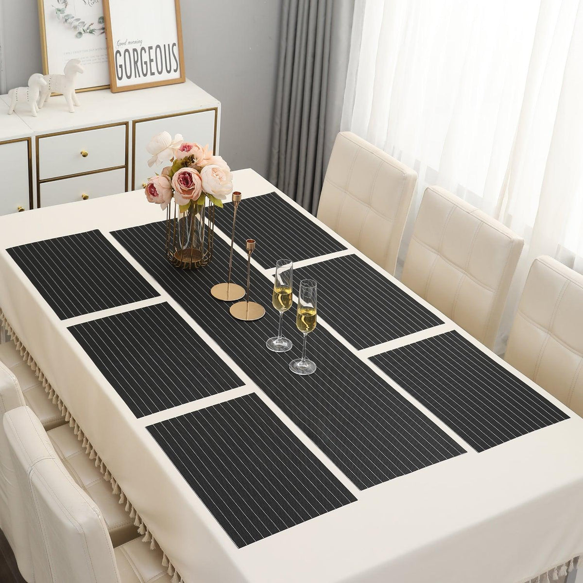 PVC Dining Table Mats, Striped Black - HOKIPO | Har Ghar ka Humsafar