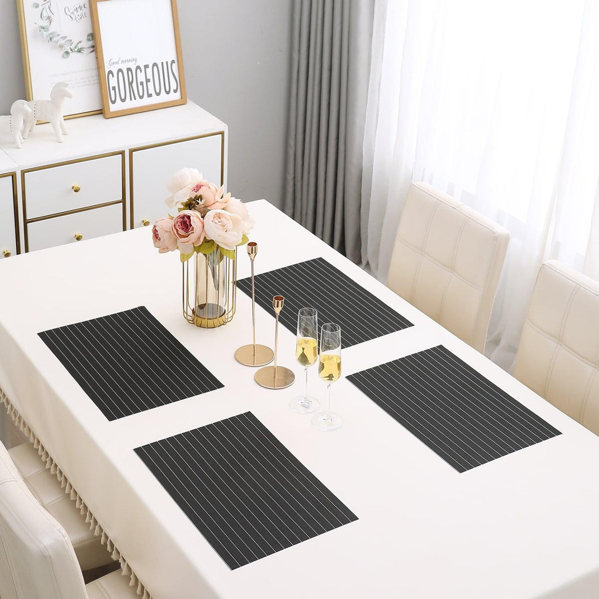 PVC Dining Table Mats, Striped Black - HOKIPO | Har Ghar ka Humsafar