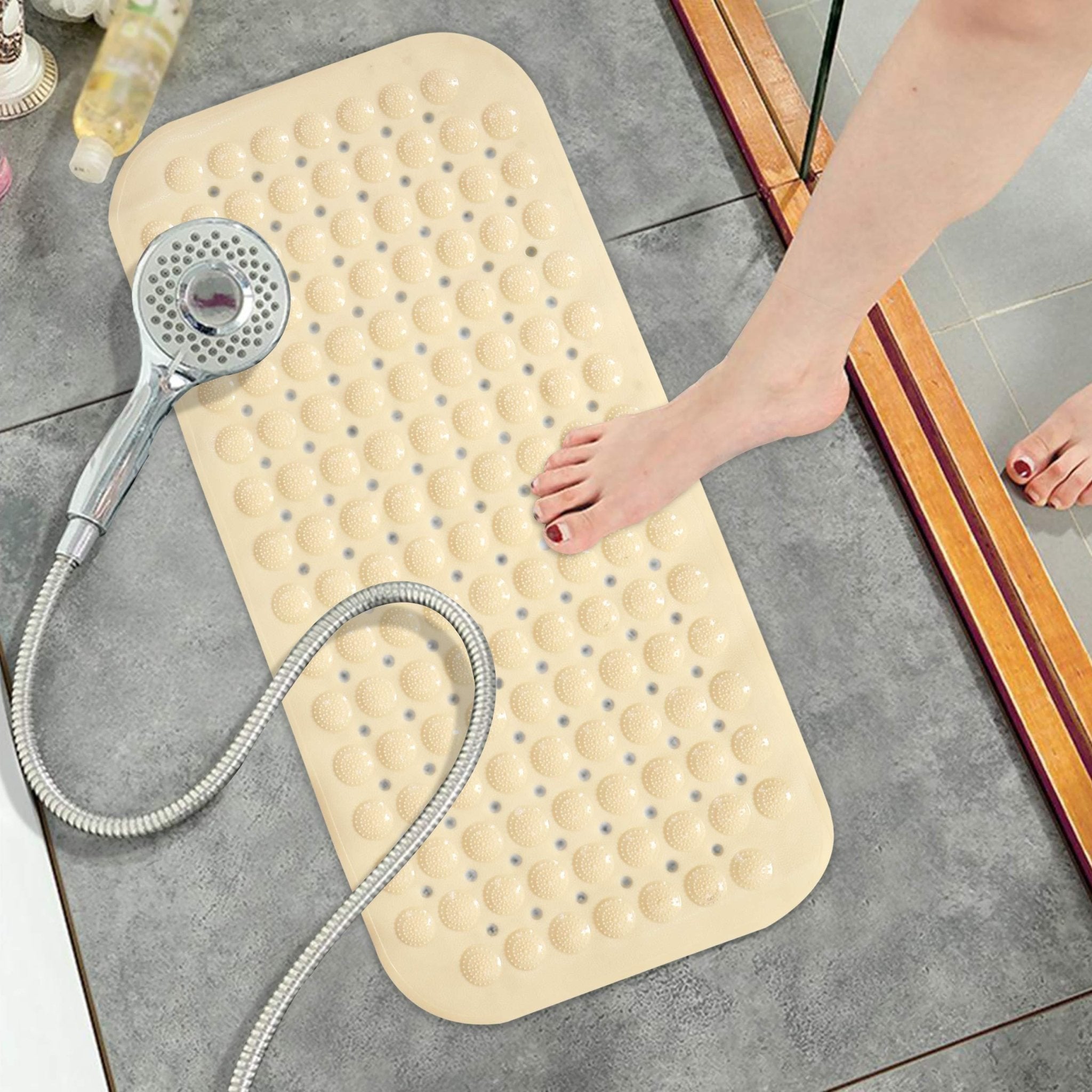 PVC Shower Mat Anti - Slip with Massage Acupressure Points, 36x71 cm, Beige - HOKIPO | Har Ghar ka Humsafar