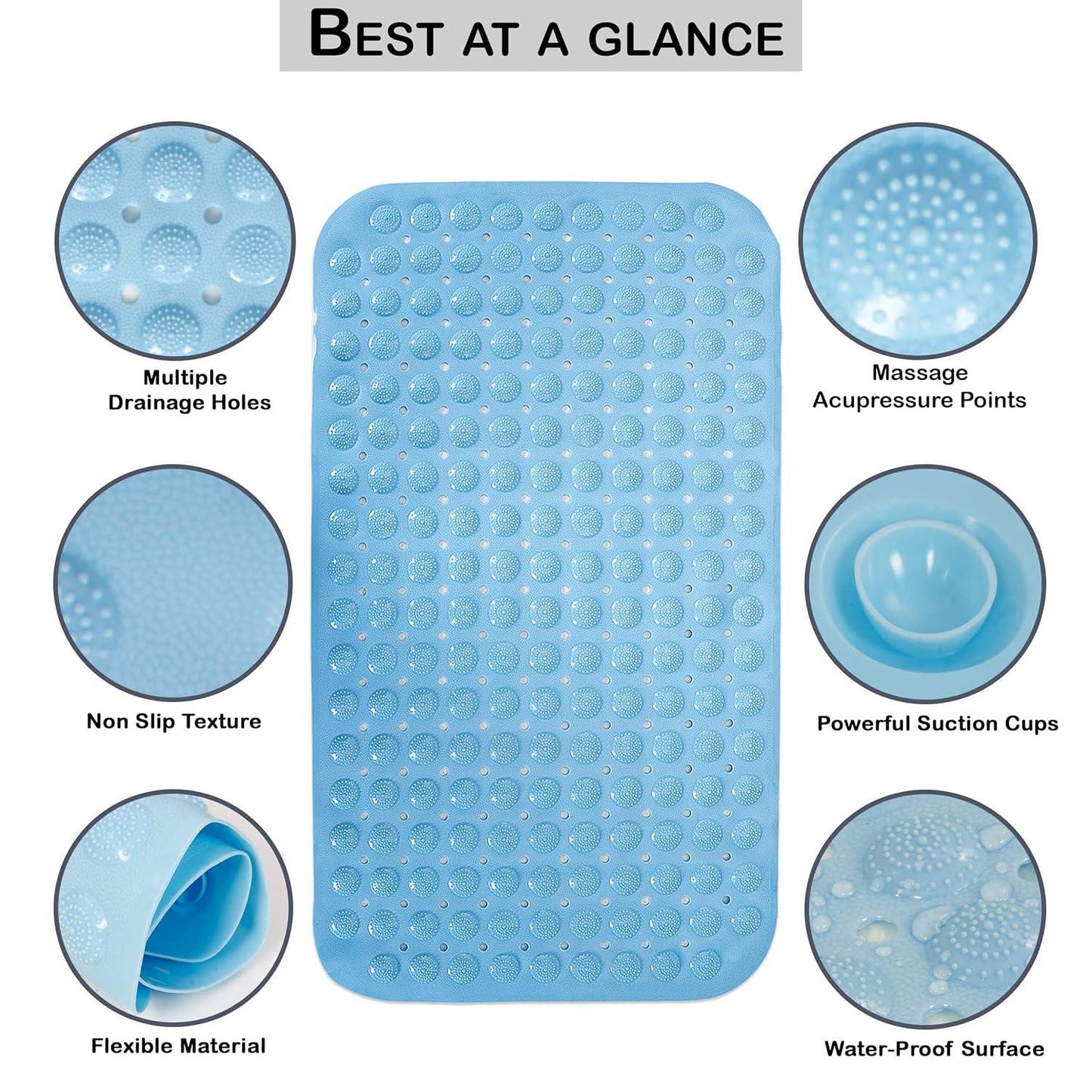 PVC Shower Mat Anti - Slip with Massage Acupressure Points, 46x78 cm, Blue - HOKIPO | Har Ghar ka Humsafar