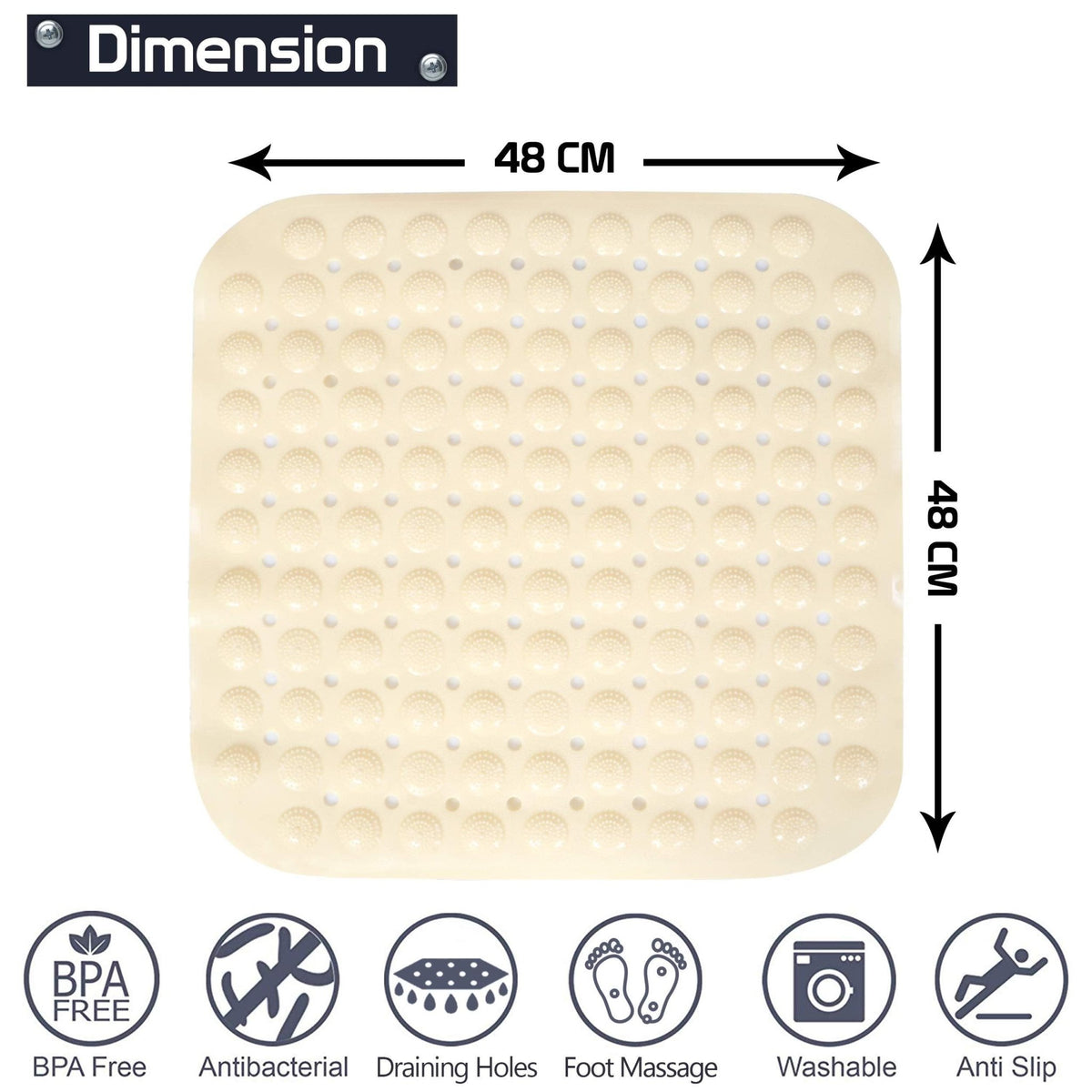 PVC Shower Mat Anti - Slip with Massage Acupressure Points, 48x48 cm, Beige - HOKIPO | Har Ghar ka Humsafar