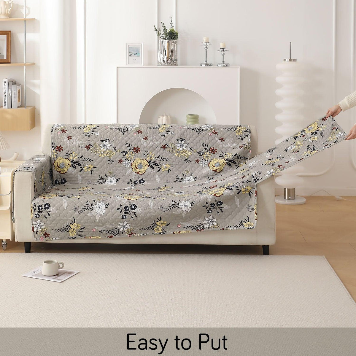 Floral Ash Grey Printed quilted three seater sofa cover