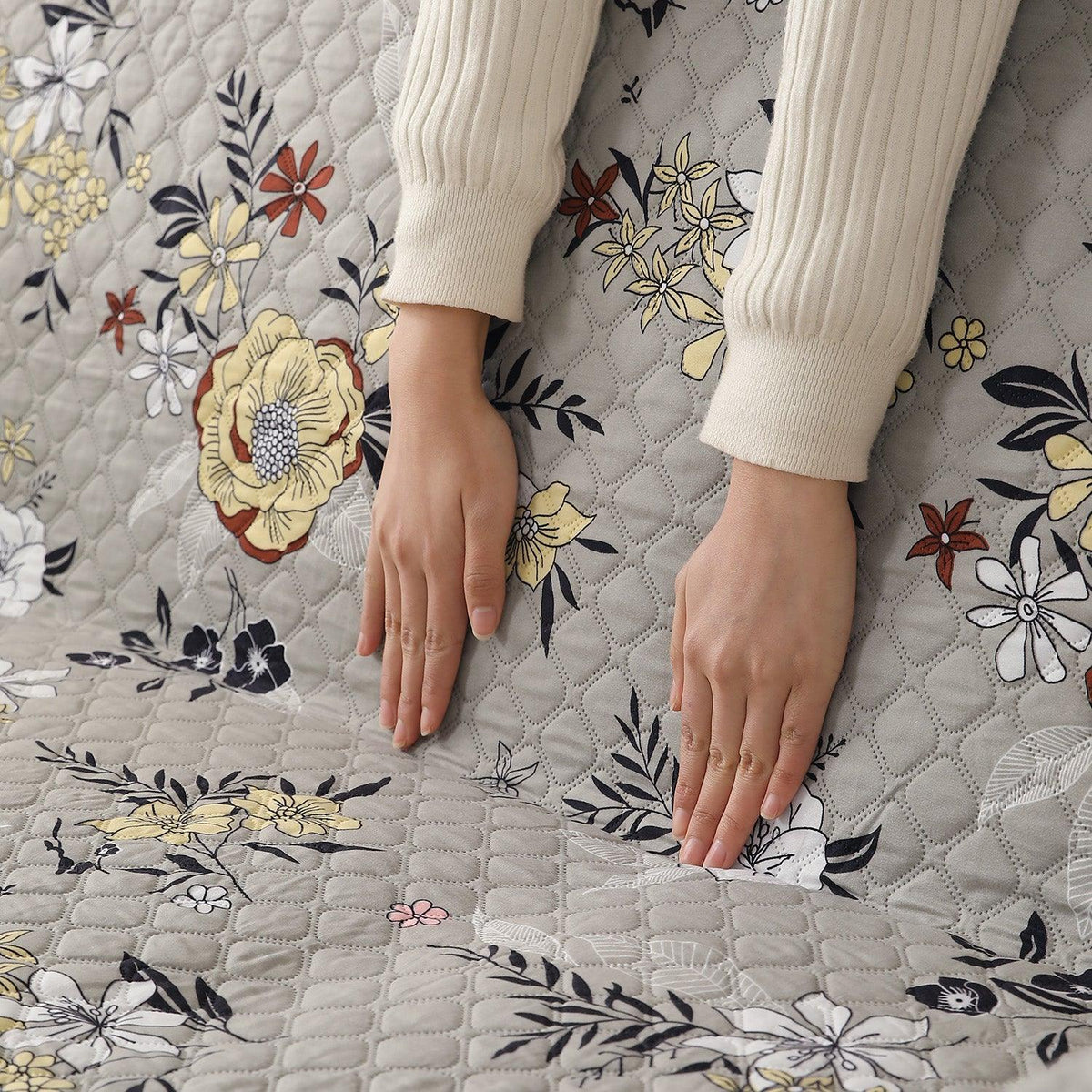 Floral Ash Grey Printed quilted non slip sofa cover