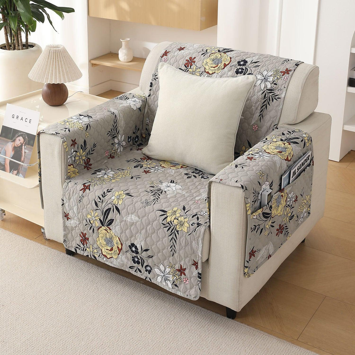 Floral Ash Grey Printed quilted single seater sofa cover​ 