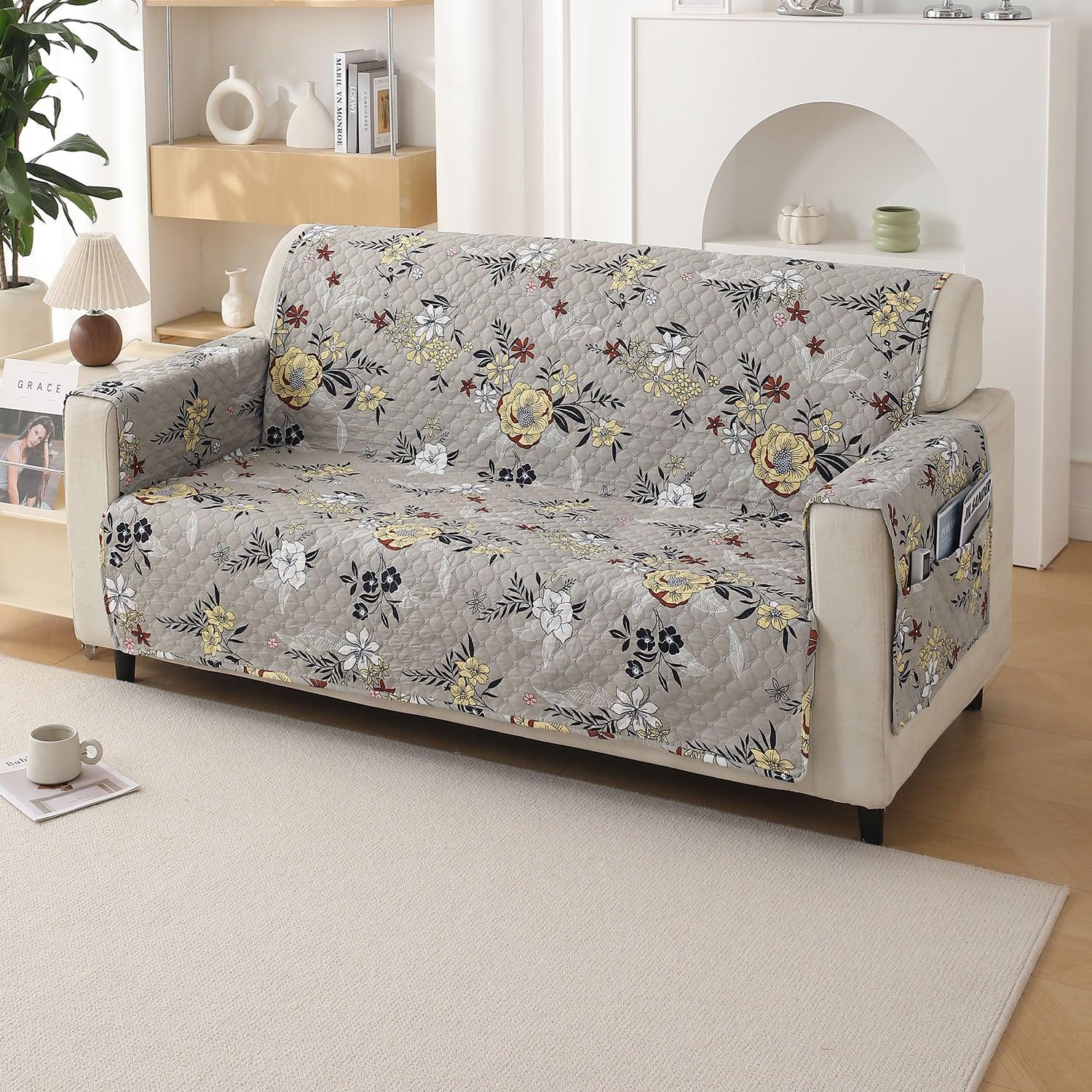 3 Seater Floral Ash Grey Printed quilted sofa cover