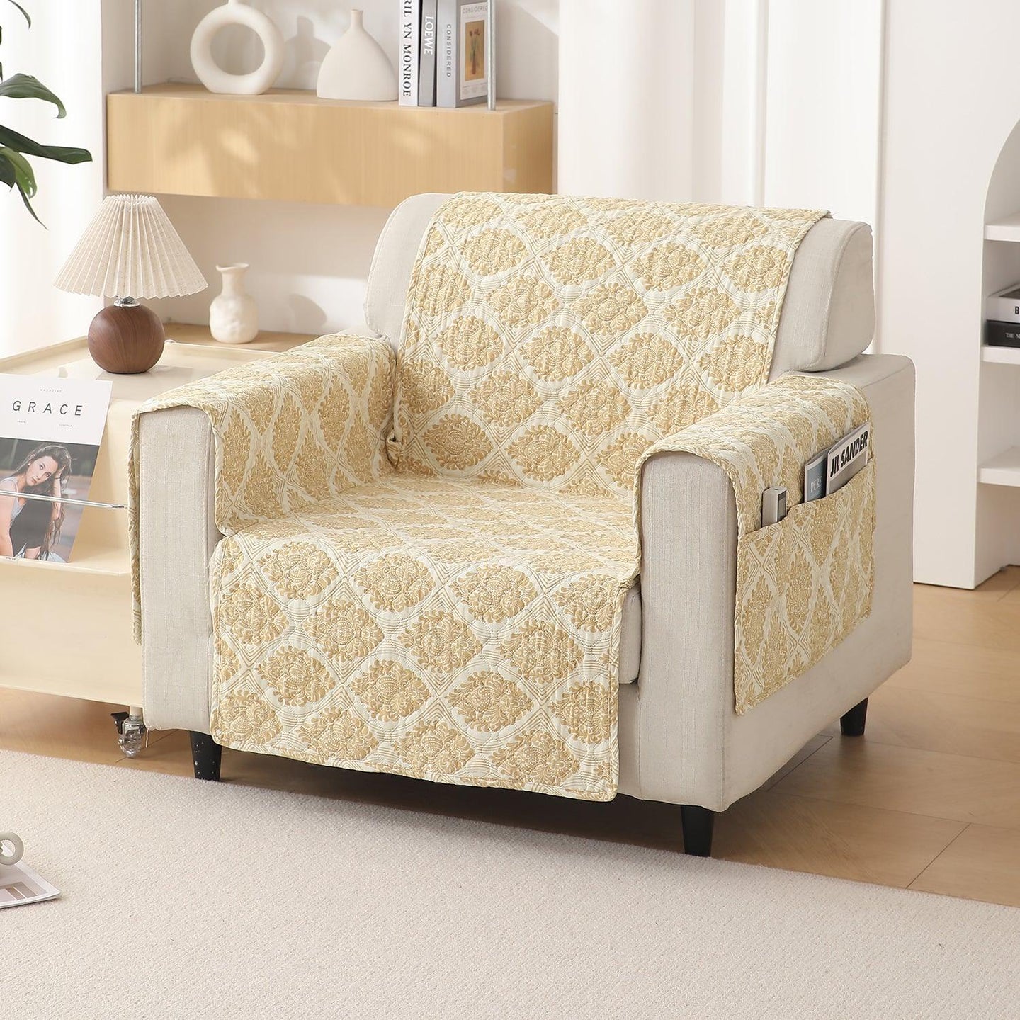 Ogee Ivory Printed elegant 1 seater sofa cover