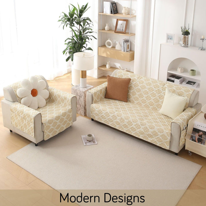 Ogee Ivory Printed quilted elegant 3 seater sofa cover