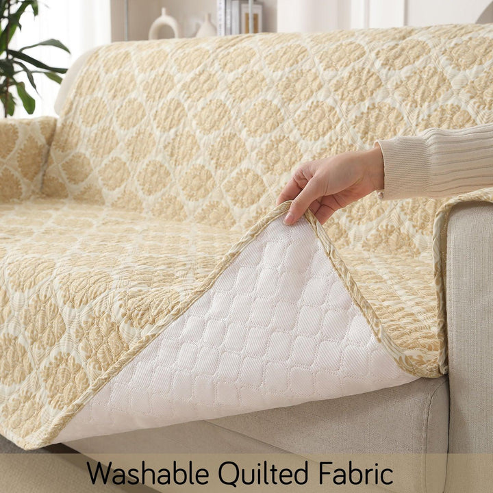 Ogee Ivory Printed quilted non slip, washable sofa cover