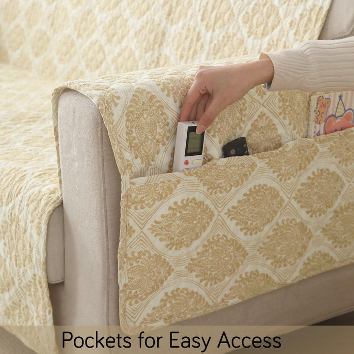 Ogee Ivory Printed sofa cover set​ with handy side pocket