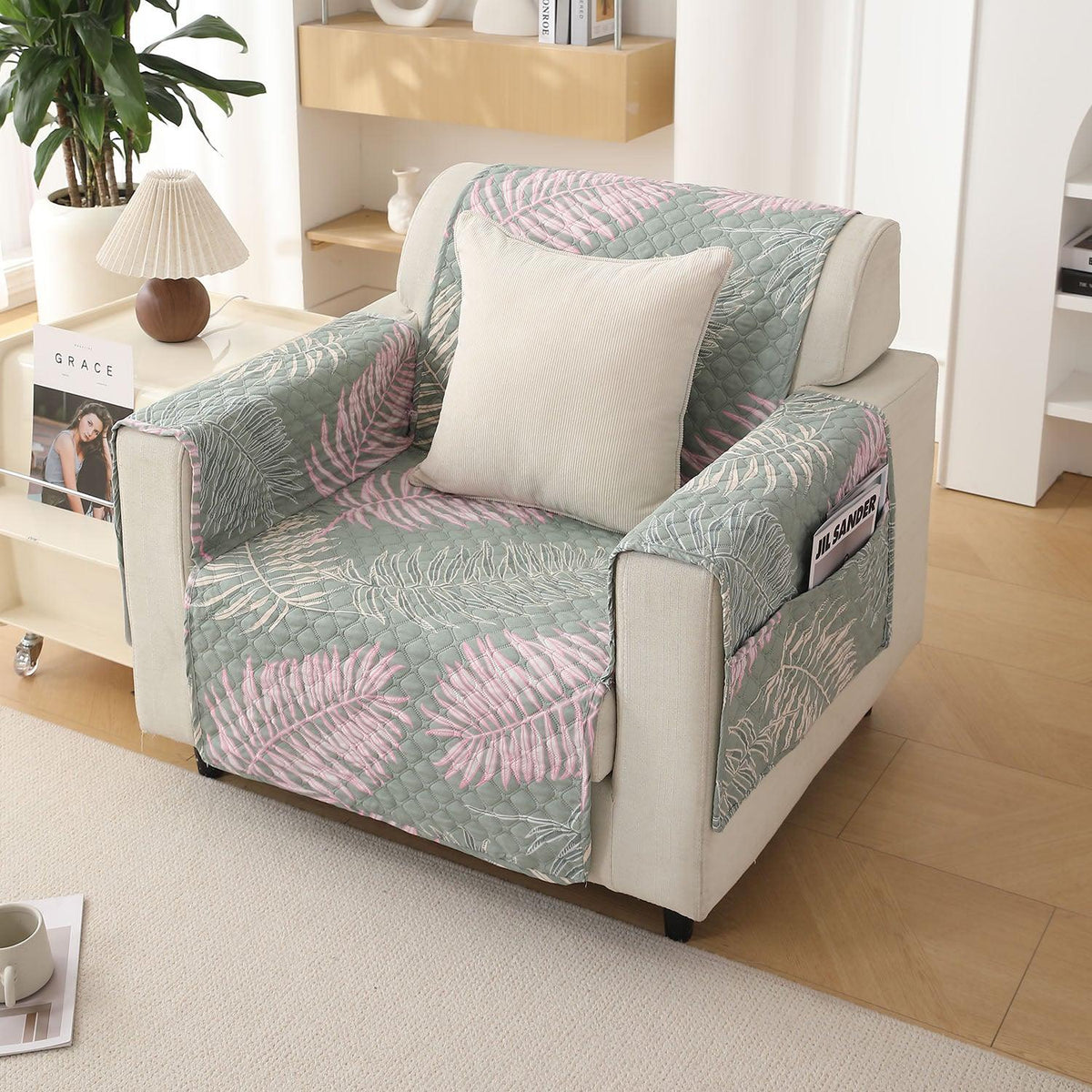 Tropical Leaves Pastel Green Printed elegant single seater quilted sofa cover