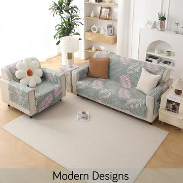 3+1 Seater Tropical Leaves Pastel Green Printed quilted sofa cover