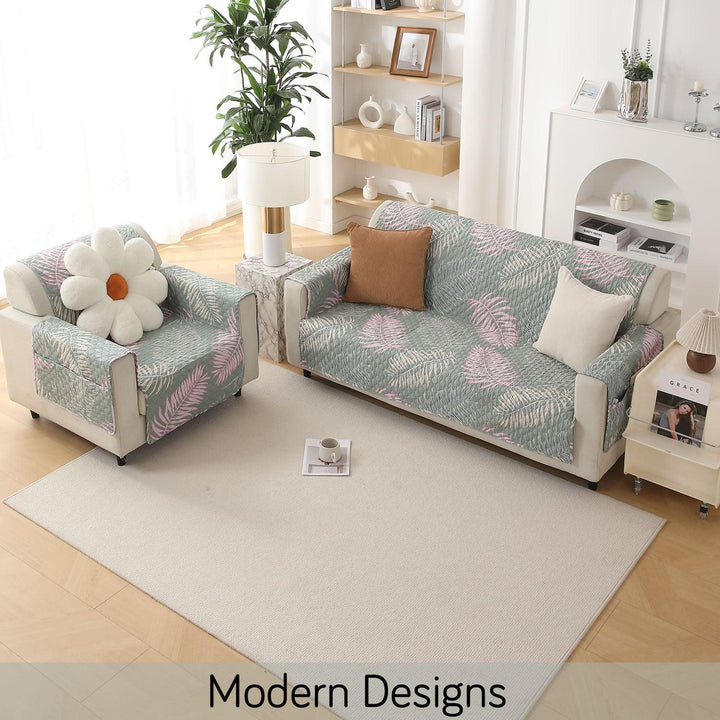3+1 Seater Tropical Leaves Pastel Green Printed quilted sofa cover