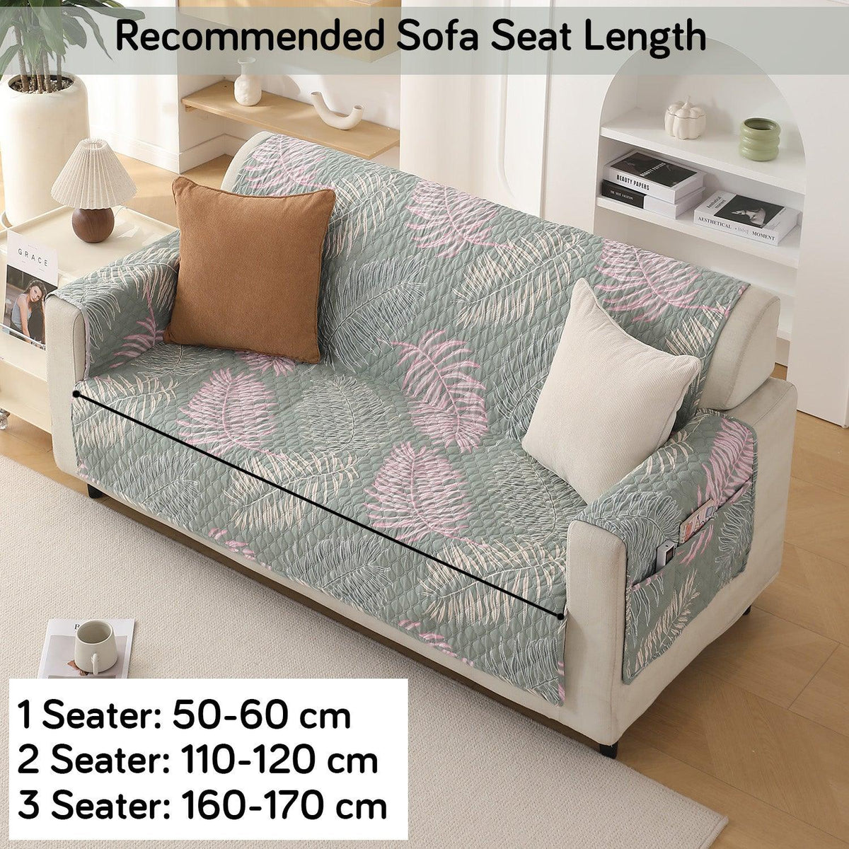 Tropical Leaves Pastel Green Printed two seater quilted sofa cover​ 