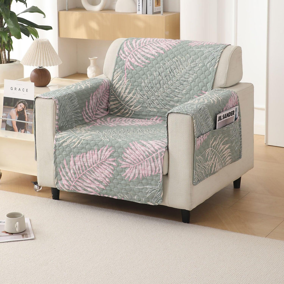 Tropical Leaves Pastel Green Printed elegant 1 seater quilted sofa cover