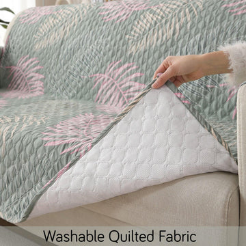 Quilted Printed Polyester Sofa Cover Mat for 1/2/3 Seater Sofa with Side Pockets, Pet Friendly, Tropical Leaves Pastel Green - HOKIPO | Har Ghar ka Humsafar