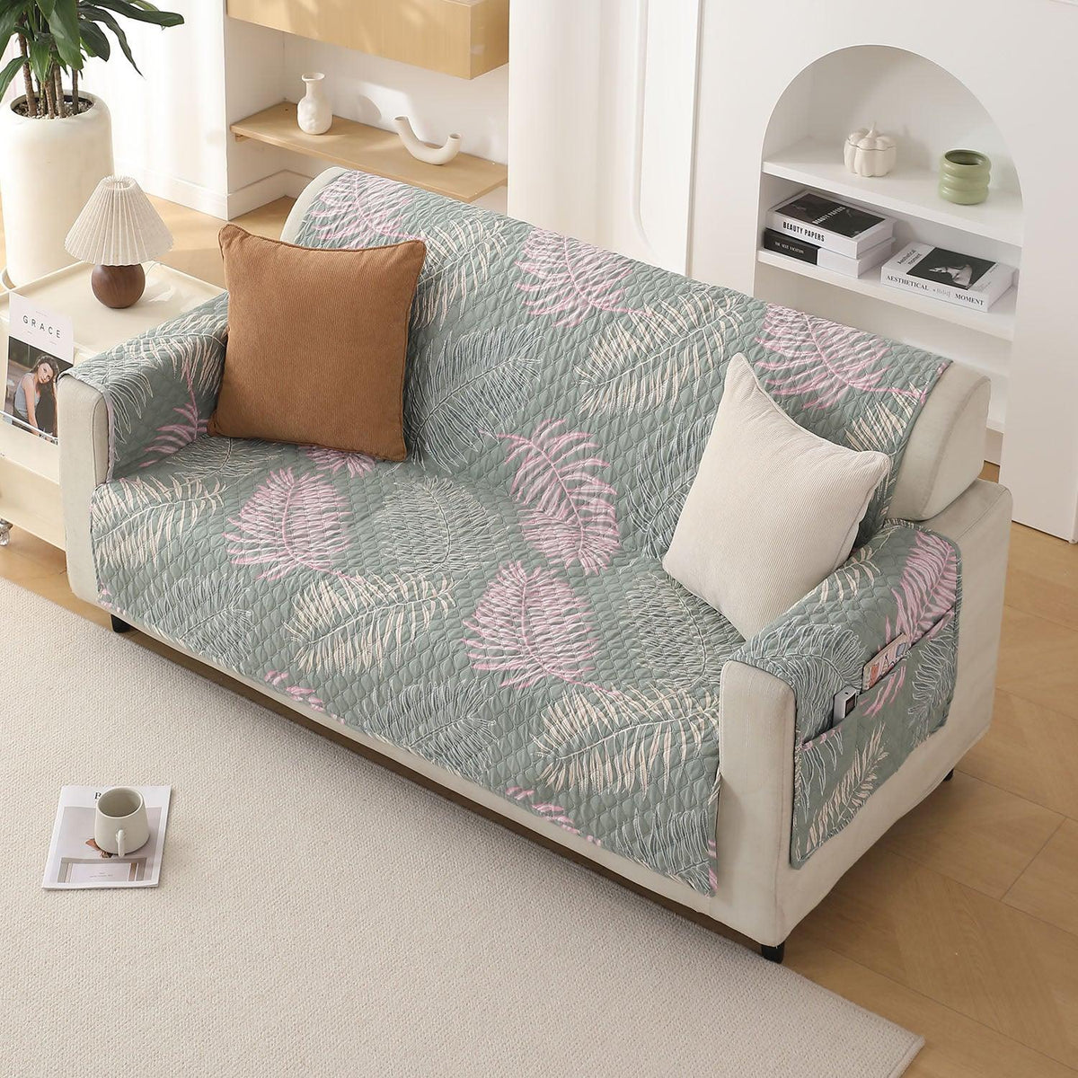 Tropical Leaves Pastel Green Printed quilted 2 seater sofa cover​ 