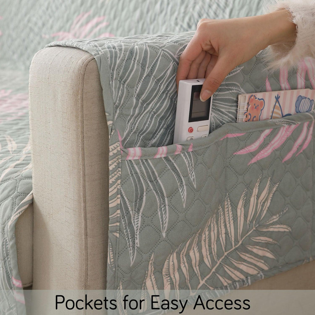 Tropical Leaves Pastel Green Printed quilted sofa cover set​ with handy side pocket