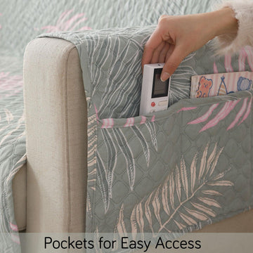 Tropical Leaves Pastel Green Printed sofa cover set​ with handy side pocket