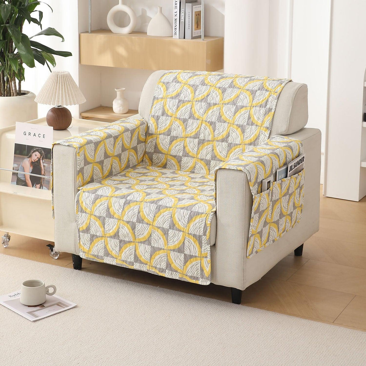 Windmill Cyber Yellow Printed elegant 1 seater quilted sofa cover