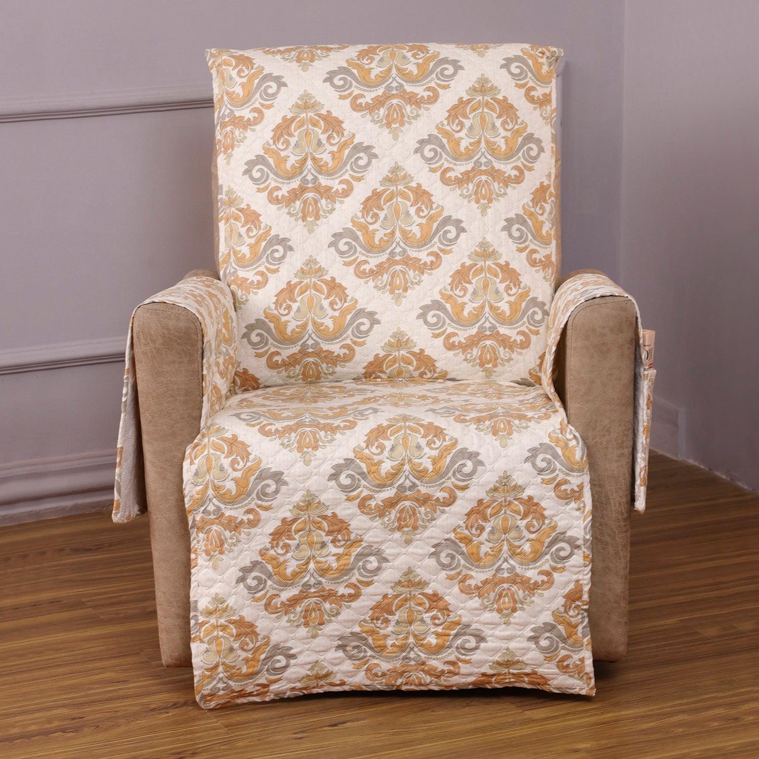 Quilted Printed Recliner Mats for 1 Seater Recliner Sofa, Damask Beige - HOKIPO | Har Ghar ka Humsafar