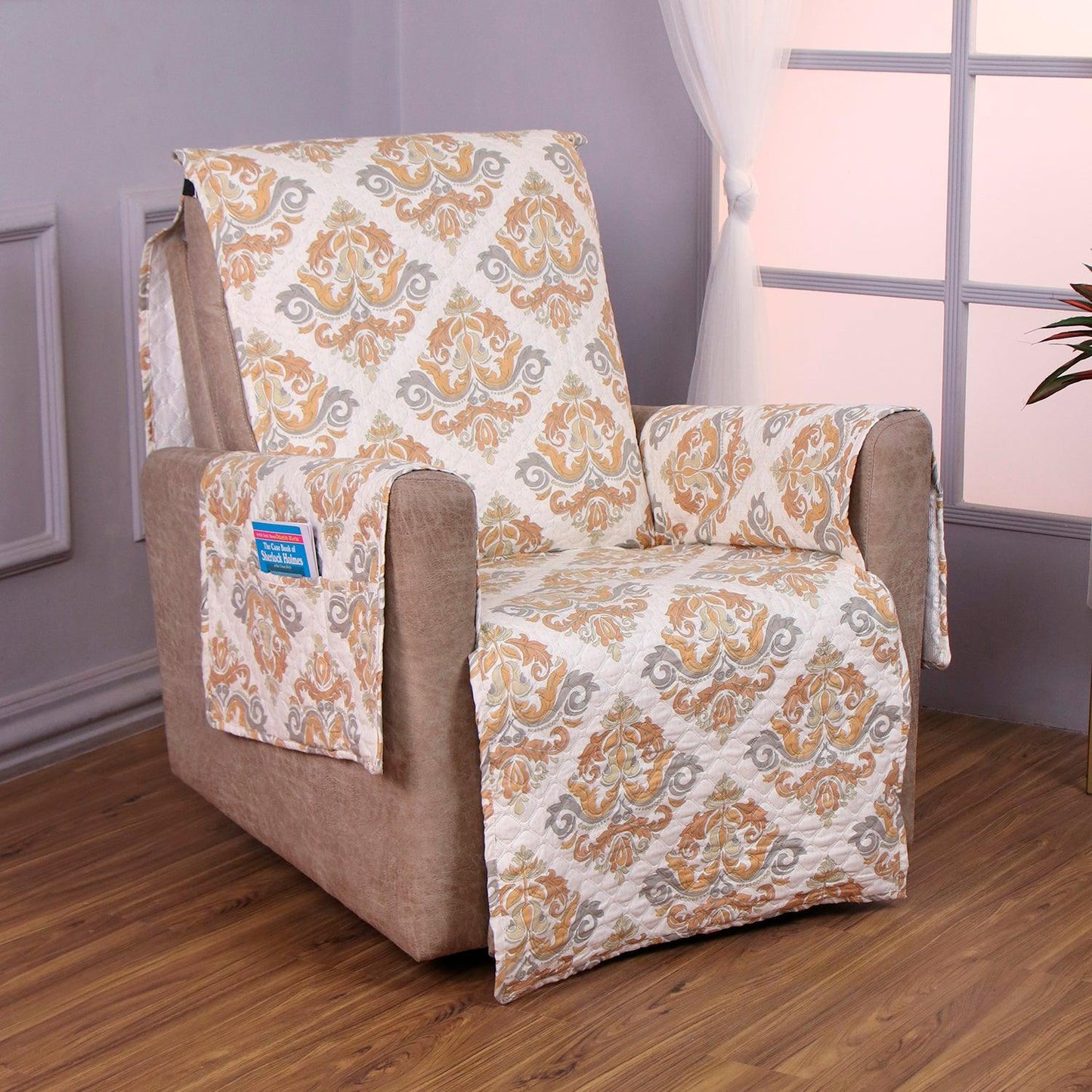 Quilted Printed Recliner Mats for 1 Seater Recliner Sofa, Damask Beige - HOKIPO | Har Ghar ka Humsafar