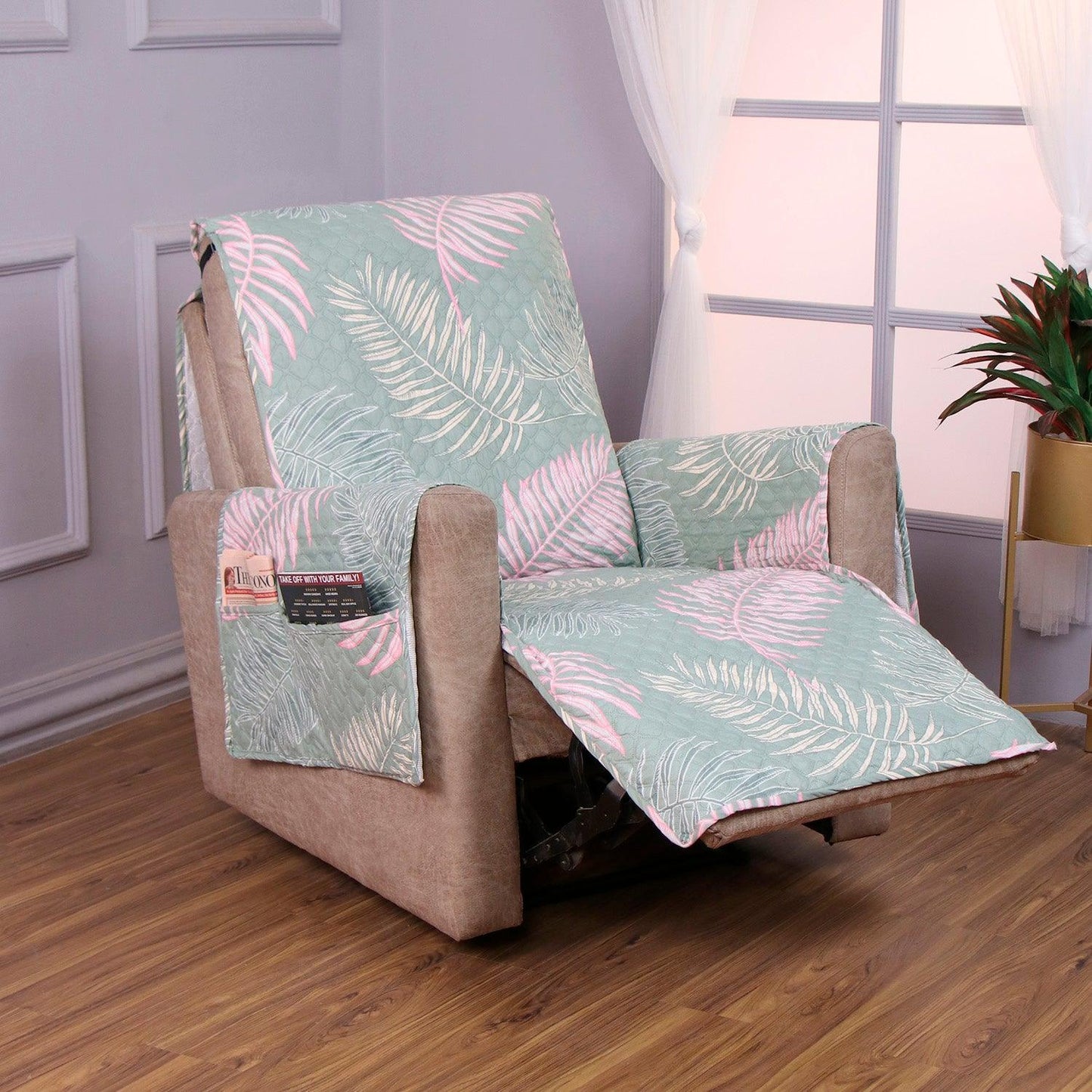 Quilted Printed Recliner Mats for 1 Seater Recliner Sofa, Tropical Leaves Pastel - HOKIPO | Har Ghar ka Humsafar