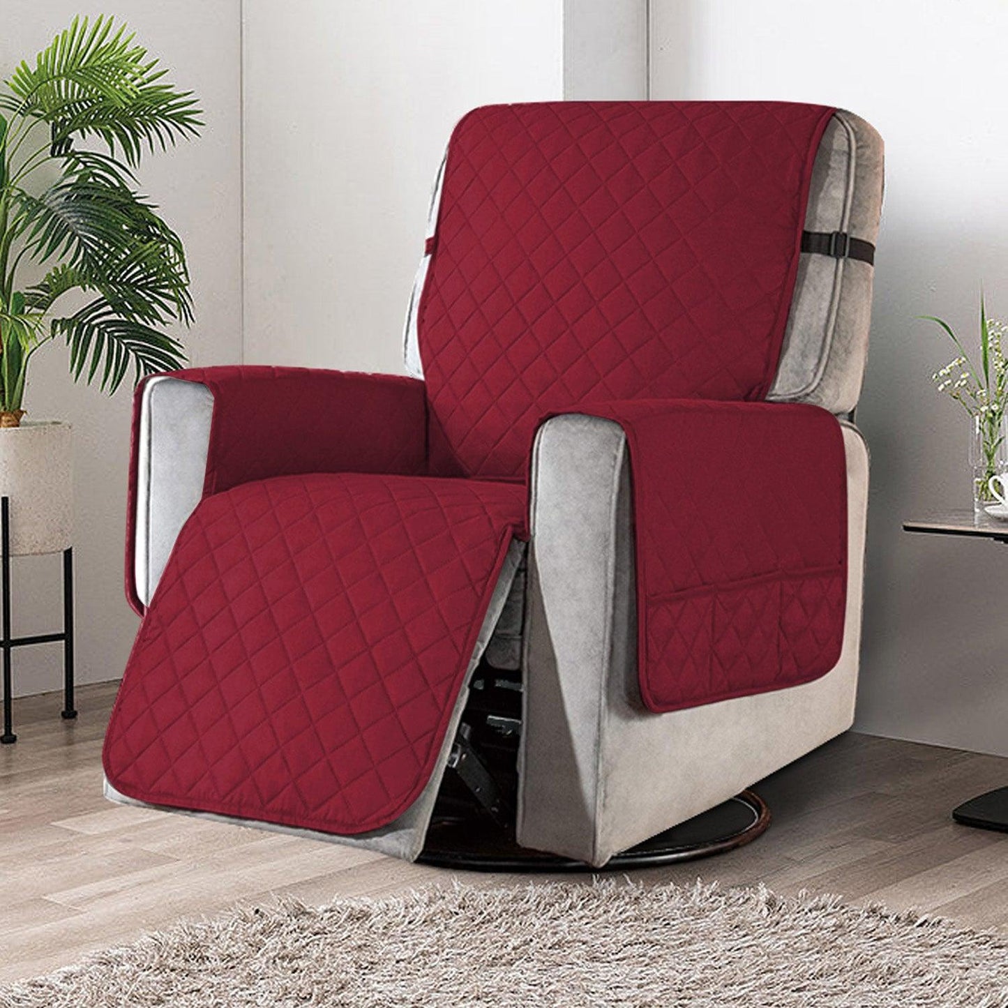 Quilted Recliner Chair Cover With Side Pockets for 1 Seater Sofa, Burgundy - HOKIPO | Har Ghar ka Humsafar