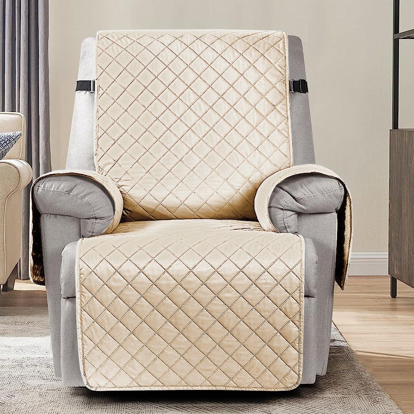 Quilted Recliner Chair Cover With Side Pockets for 1 Seater Sofa, Cream - HOKIPO | Har Ghar ka Humsafar