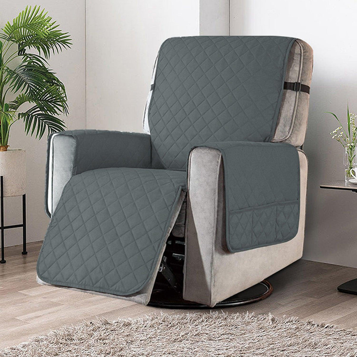 Quilted Recliner Chair Cover With Side Pockets for 1 Seater Sofa, Dark Grey - HOKIPO | Har Ghar ka Humsafar