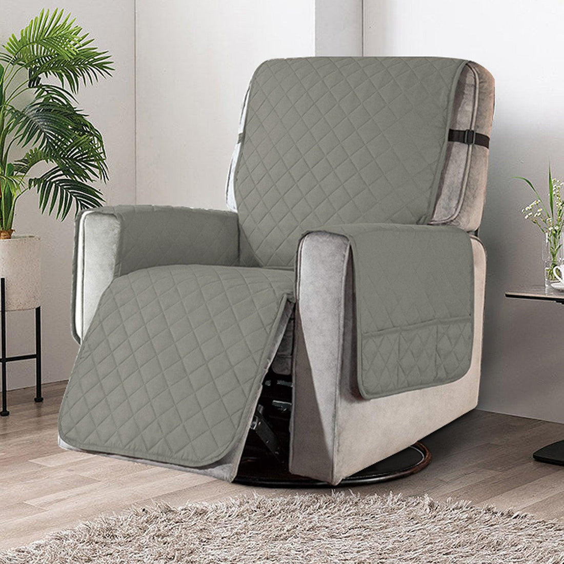 Quilted Recliner Chair Cover With Side Pockets for 1 Seater Sofa, Light Grey - HOKIPO | Har Ghar ka Humsafar