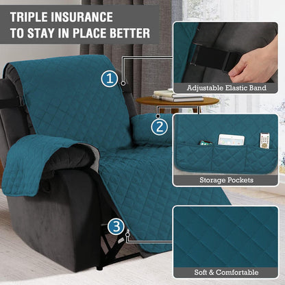 Quilted Recliner Chair Cover With Side Pockets for 1 Seater Sofa, Teal Blue - HOKIPO | Har Ghar ka Humsafar