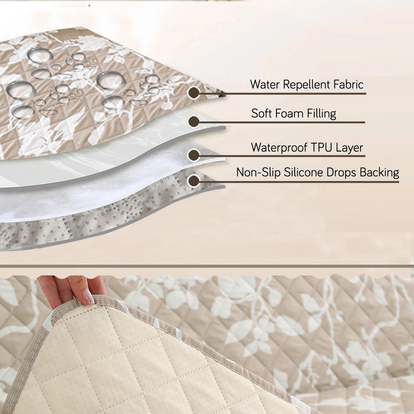 Quilted Recliner Water Repellent & Waterproof Cover for Small / Large - Buff Brown Sillehoute Floral - HOKIPO | Har Ghar ka Humsafar