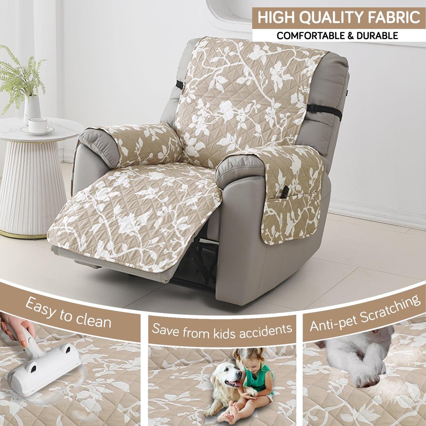 Quilted Recliner Water Repellent & Waterproof Cover for Small / Large - Buff Brown Sillehoute Floral - HOKIPO | Har Ghar ka Humsafar