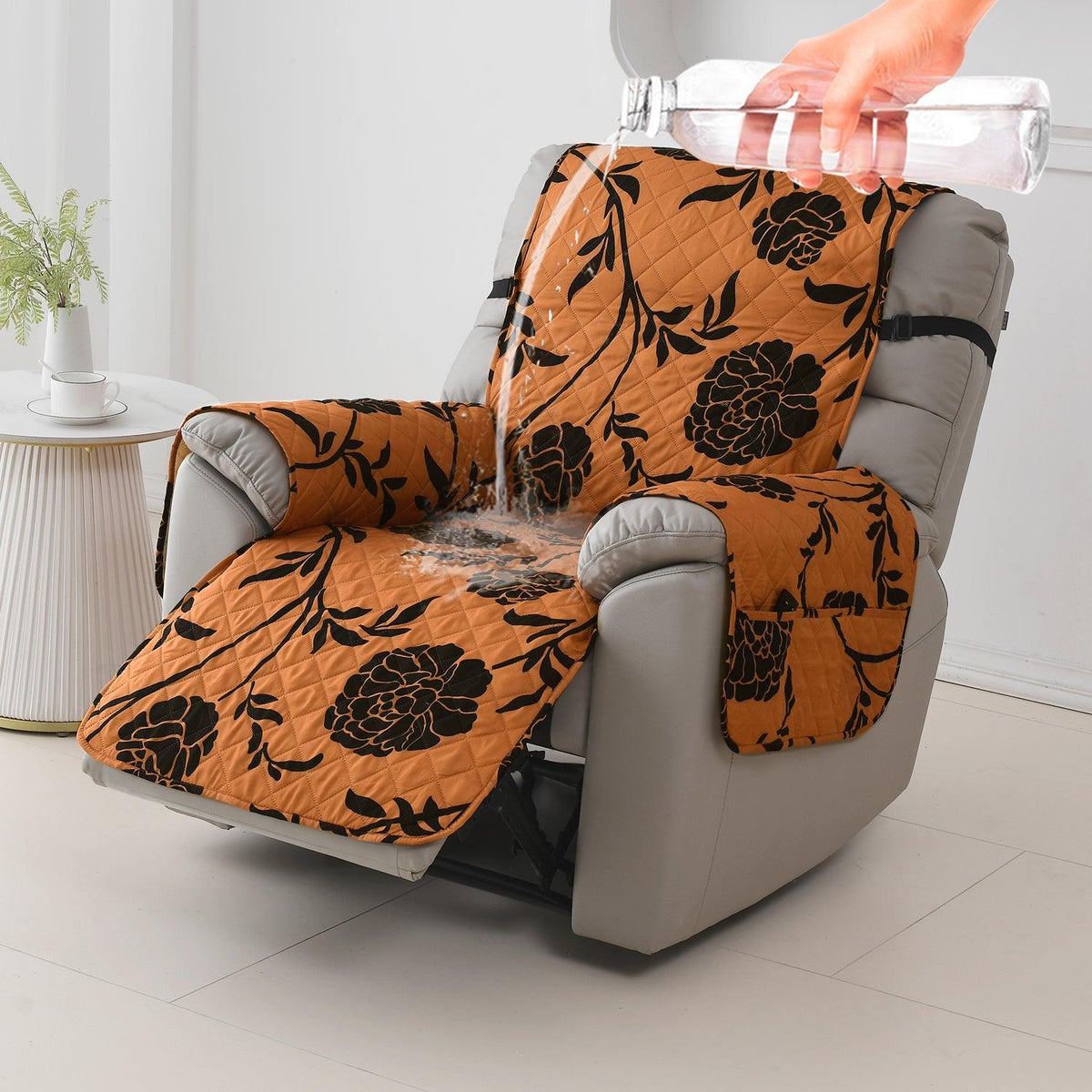 Quilted Recliner Water Repellent & Waterproof Cover for Small / Large - Copper Brown Floral - HOKIPO | Har Ghar ka Humsafar