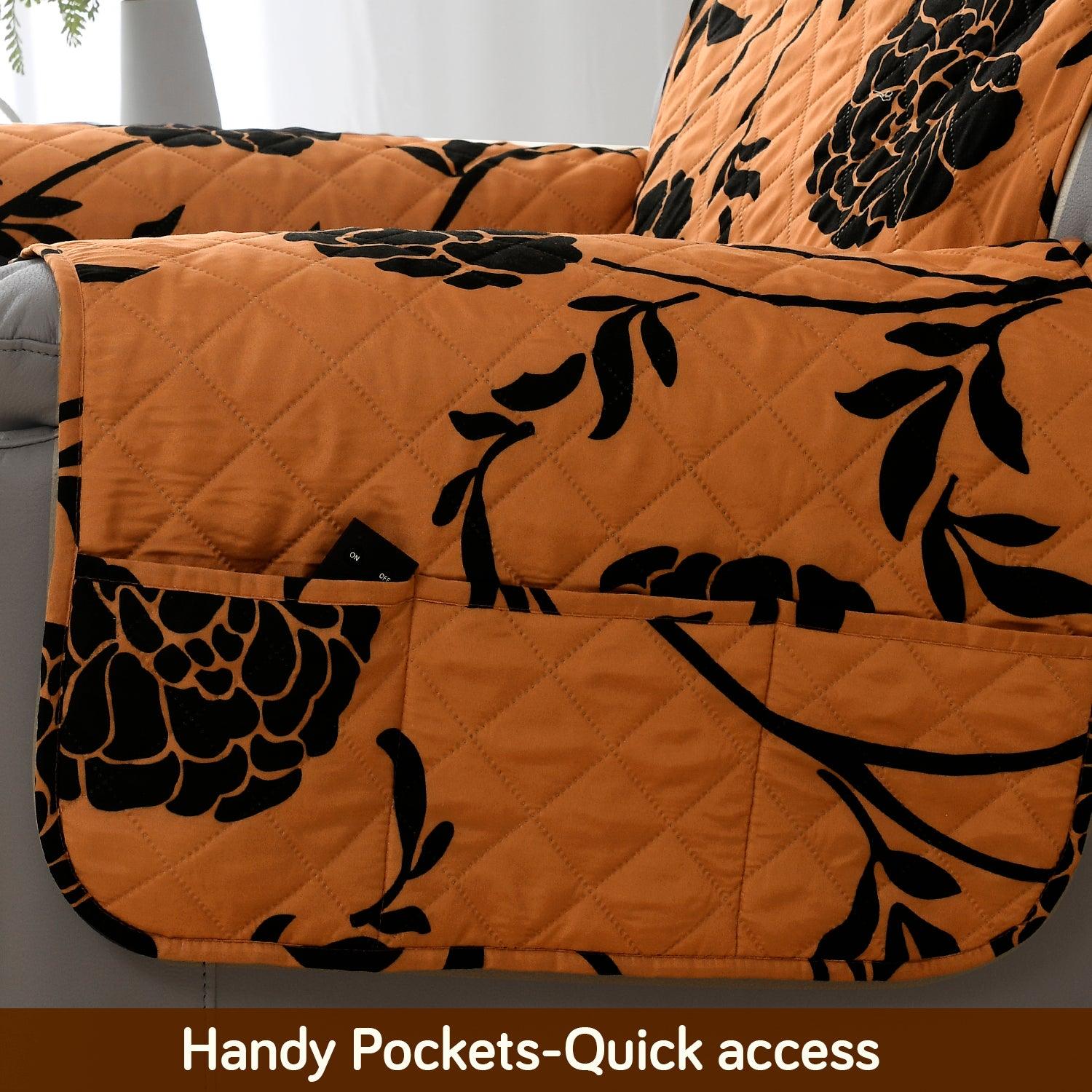 Quilted Recliner Water Repellent & Waterproof Cover for Small / Large - Copper Brown Floral - HOKIPO | Har Ghar ka Humsafar