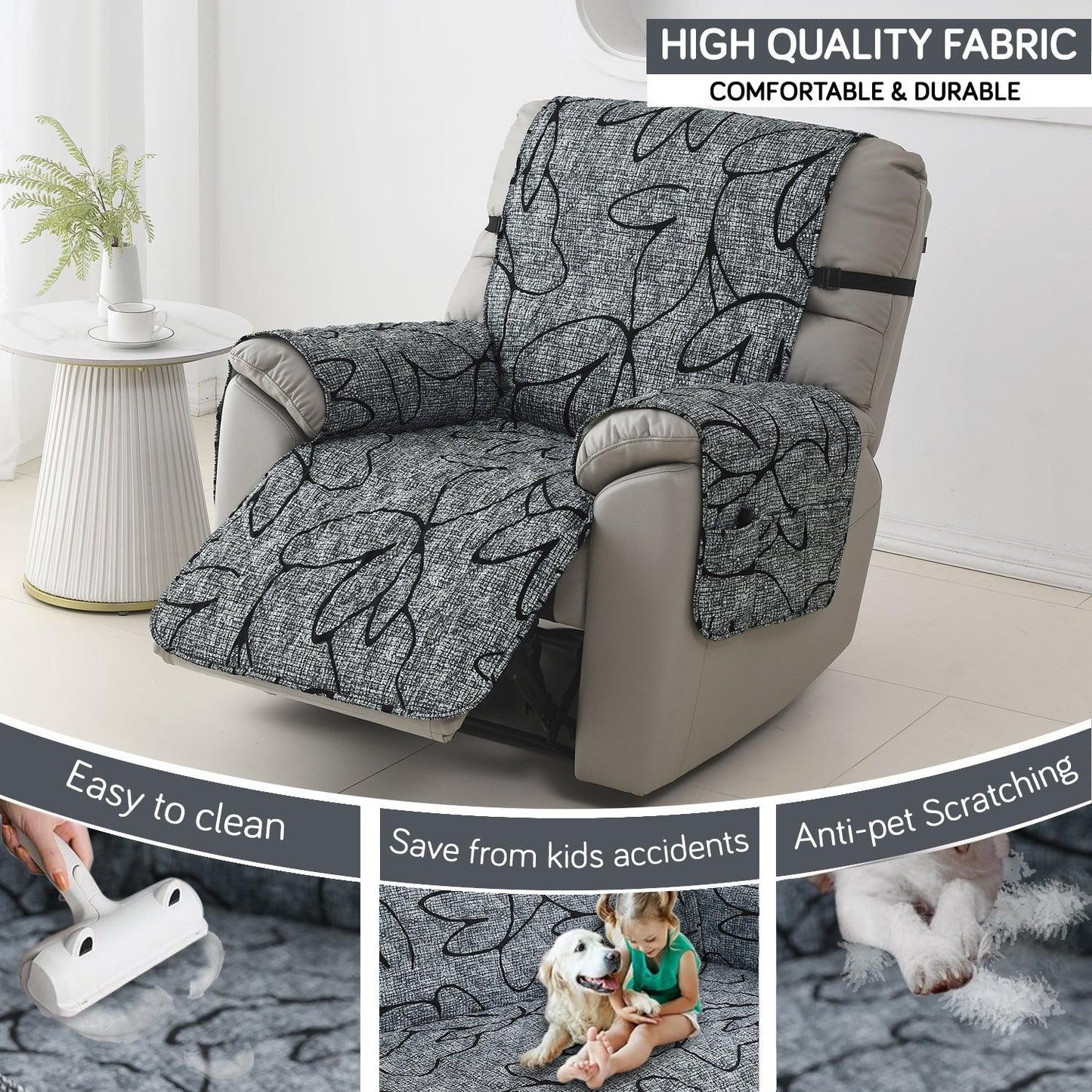 Quilted Recliner Water Repellent & Waterproof Cover for Small / Large - Intense Grey Abstract Floral - HOKIPO | Har Ghar ka Humsafar