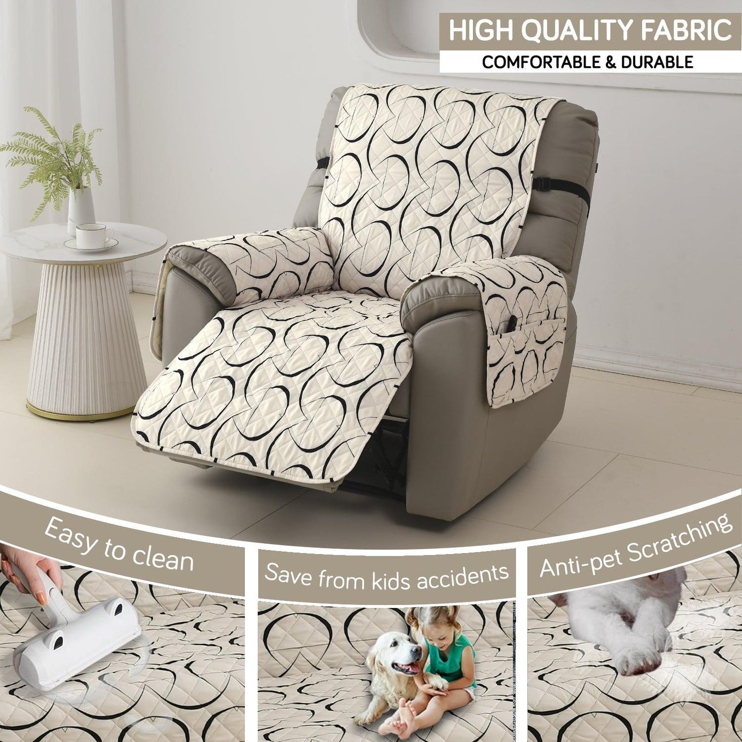 Quilted Recliner Water Repellent & Waterproof Cover for Small / Large - Natural Beige Abstract Art - HOKIPO | Har Ghar ka Humsafar